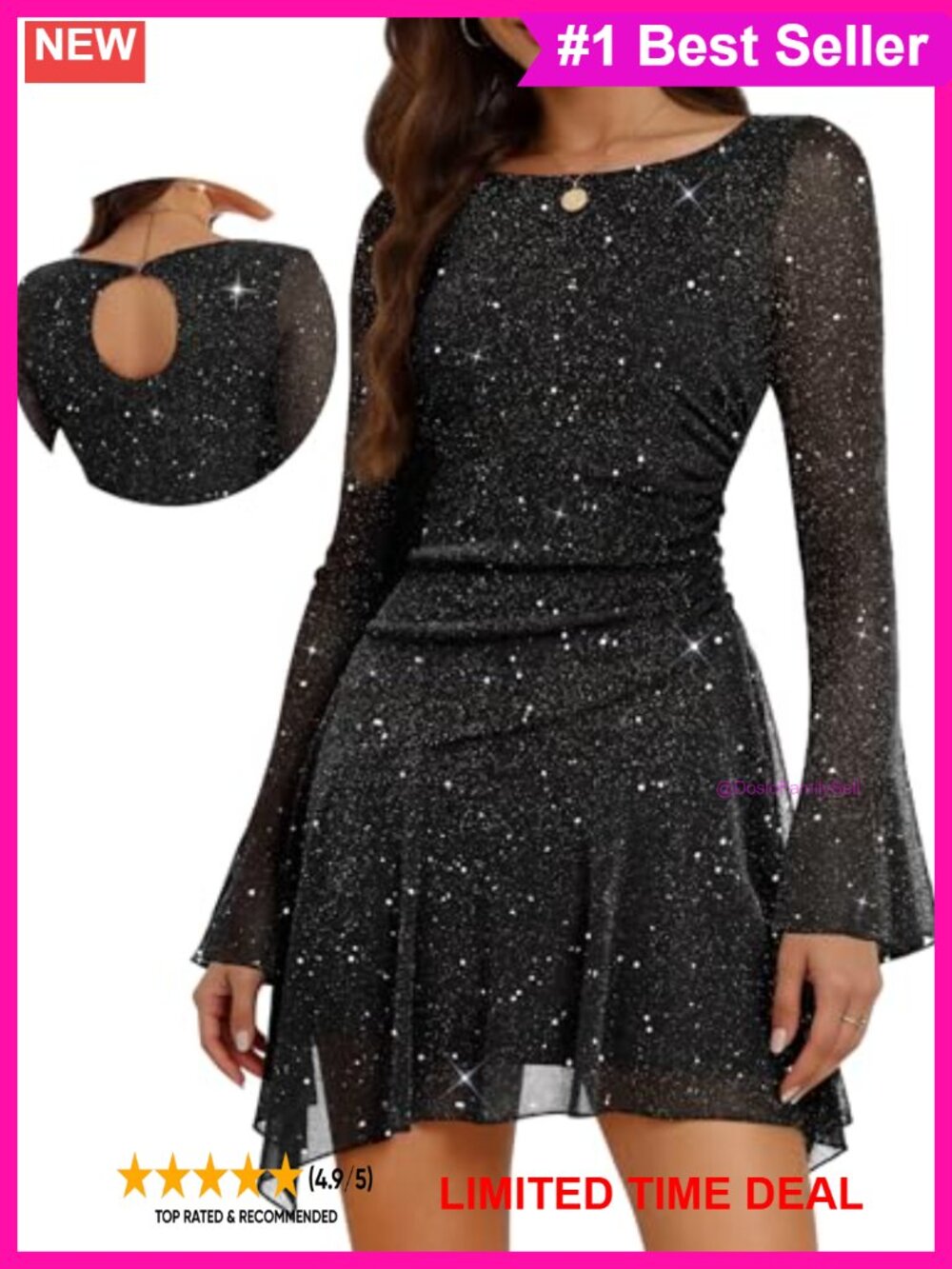 Sparkly Sequin Mesh Mini Dress Bell Sleeves Ruched Homecoming Party